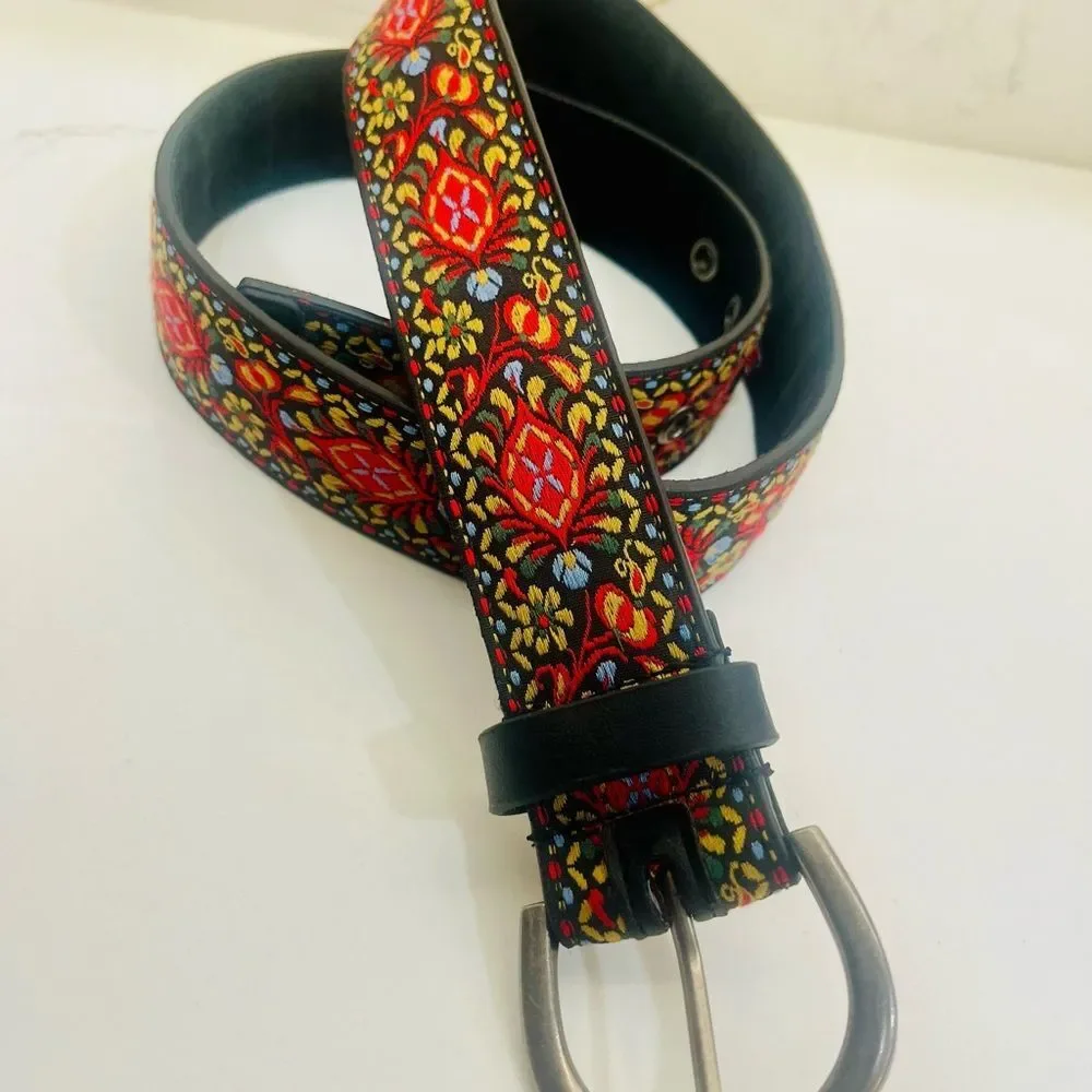 Embroidered Floral Ribbon Belt - Black with Red & Yellow Pattern